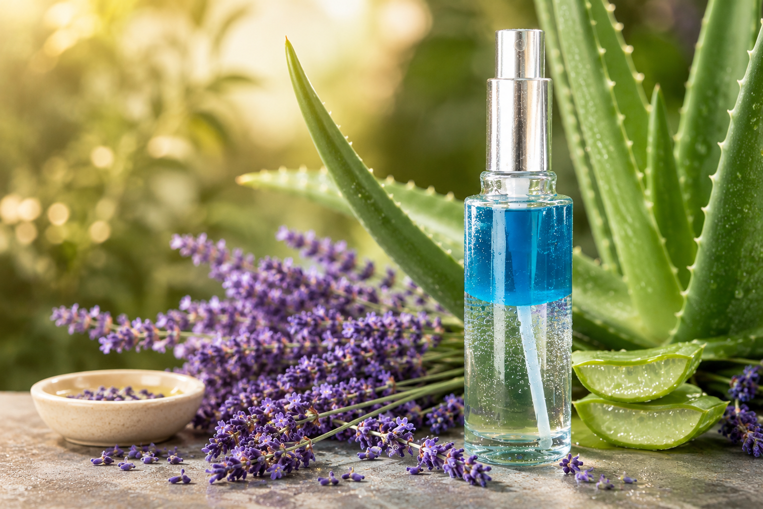 Aloe vera Blätter und Lavendelblüten umrahmen eine Flasche mit einer durchsichtigen und blauen Flüssigkeit