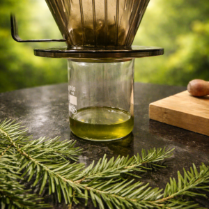 Tannenzweig im Vordergrung dahinter Beecherglas mit grünem Oel und Filter darüber