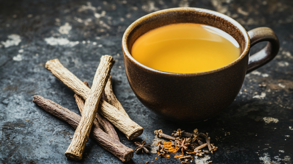 Süssholzwurzeltee orange in einer schwarzen Tasse mit dunklem Hintergrund