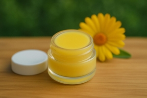 Ringelblumensalbe_JPEG Salbendose mit gelber Salbe im vodergrung, hinten ein Ringelblume