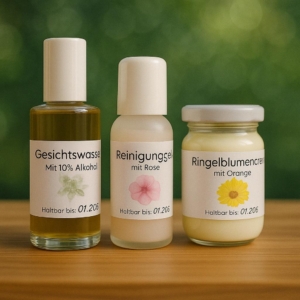3 kosmetische Produkte auf einer Holzfläche mit grünem Hintergrund: Gesichtswasser, Rienigungsgel und Ringelblumen creme