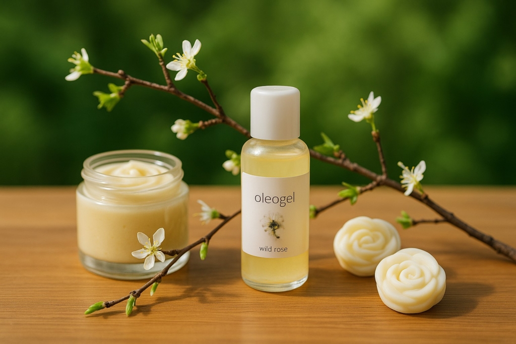 Bodybutter im Glas, Oleogel in Flasche und Boymelts auf Holzuntergrund