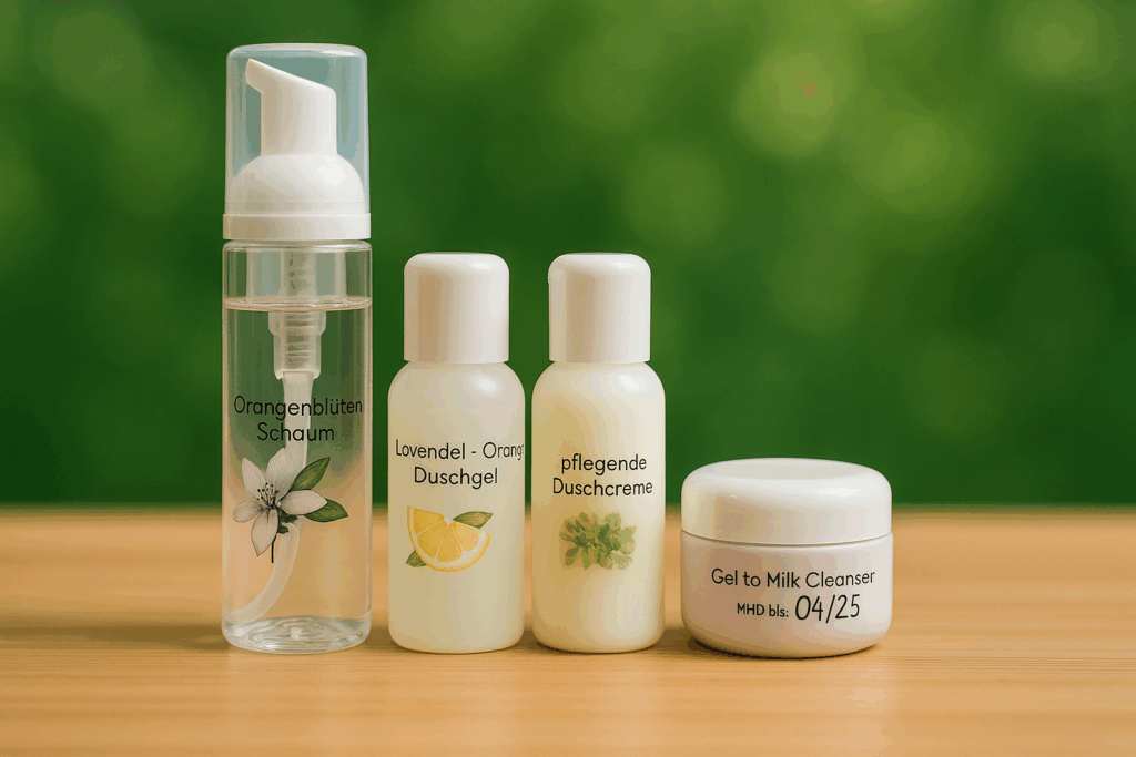 Tenside in Foamer, Duschcreme, Duschgel und Gel to milk cleanser auf Holz