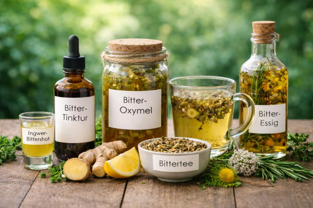 verschiedene Gläser und Flaschen auf einem Holztisch mit Bitteroxymel, Bitterstofftinktur, Bittershot, Bittertee